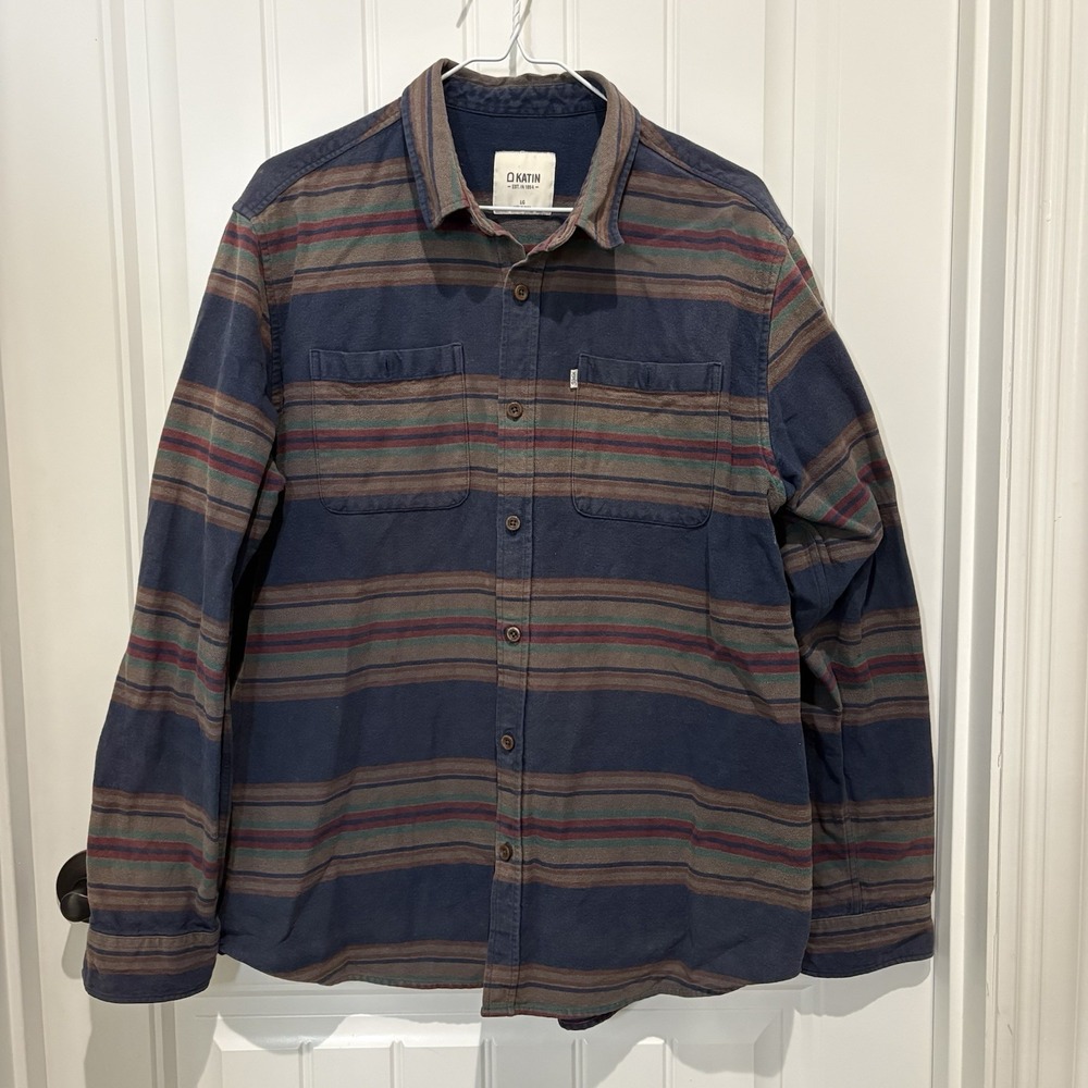 Katin Plaid Flannel Shirt Mens L Blue Button Up Surf Skate Casual Chest Pockets